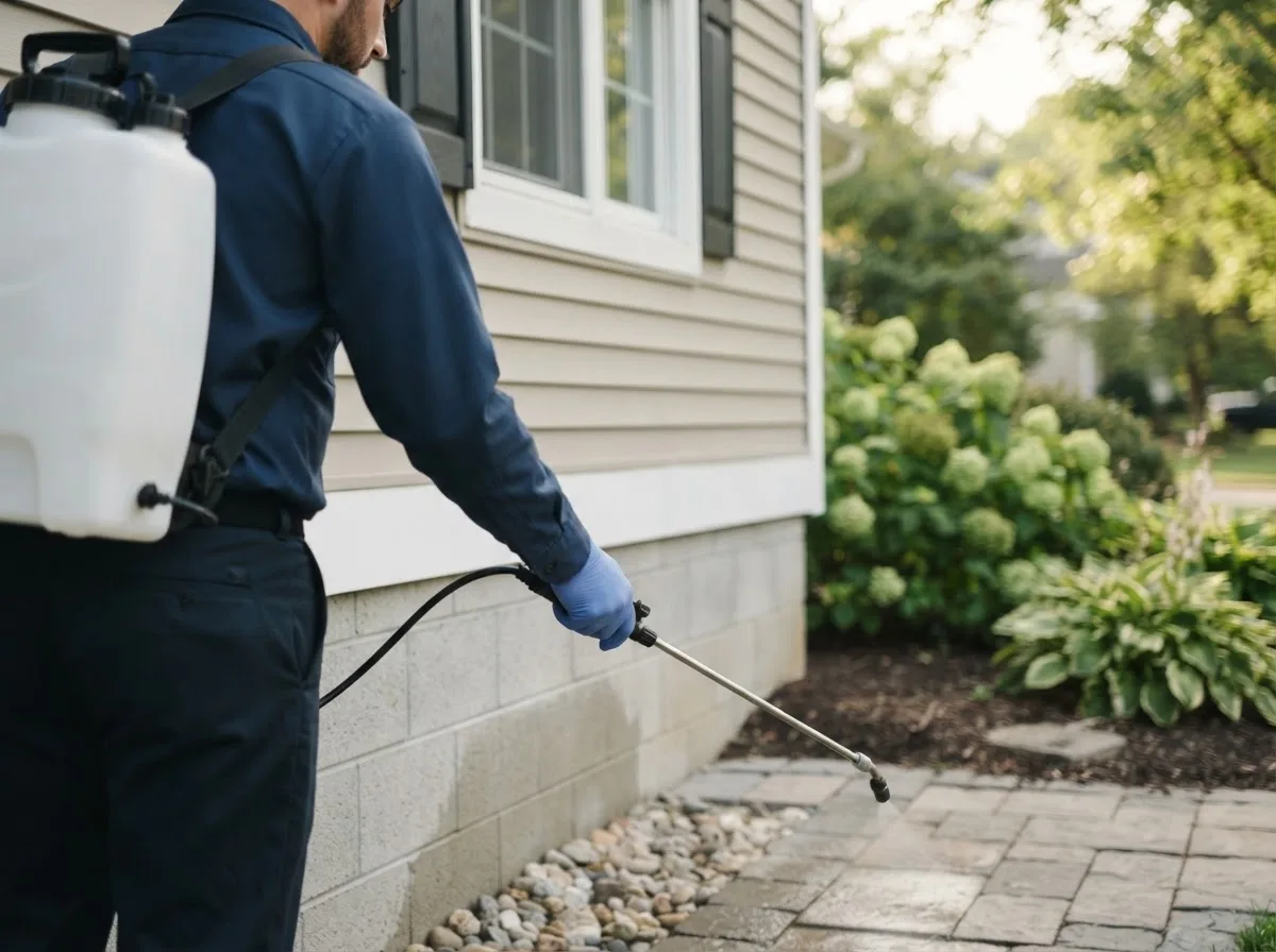 Pest control technician inspecting a home in Otsego, MI